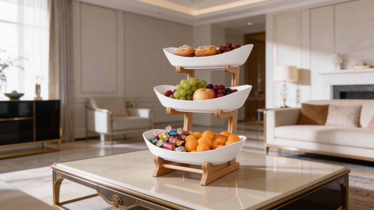 Three tier serving stand with white plates holding fruit and pastries
