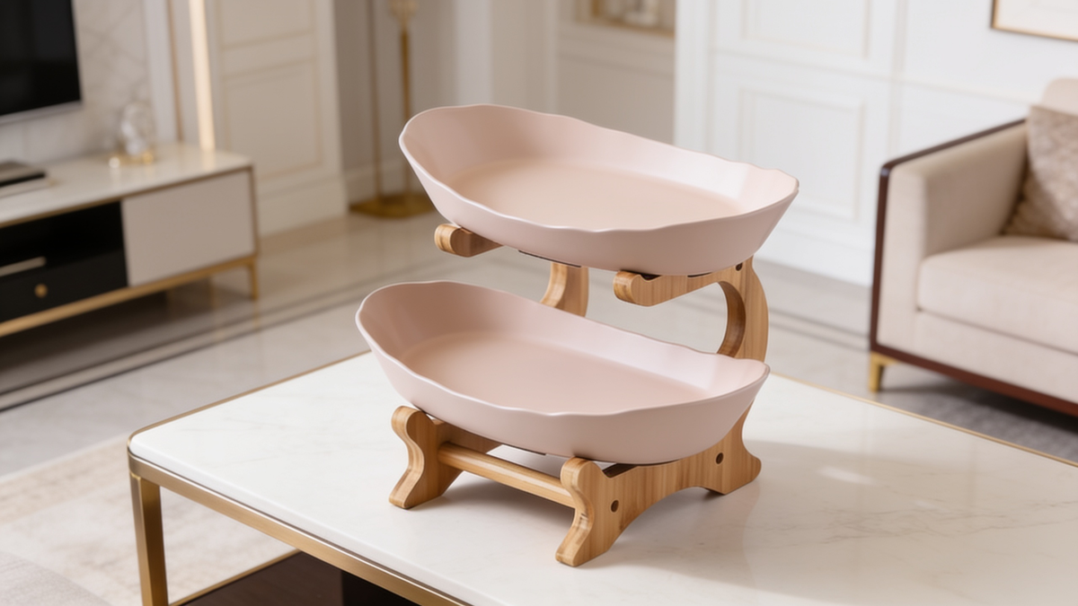 Two tier serving stand with pink beige plates on a marble table