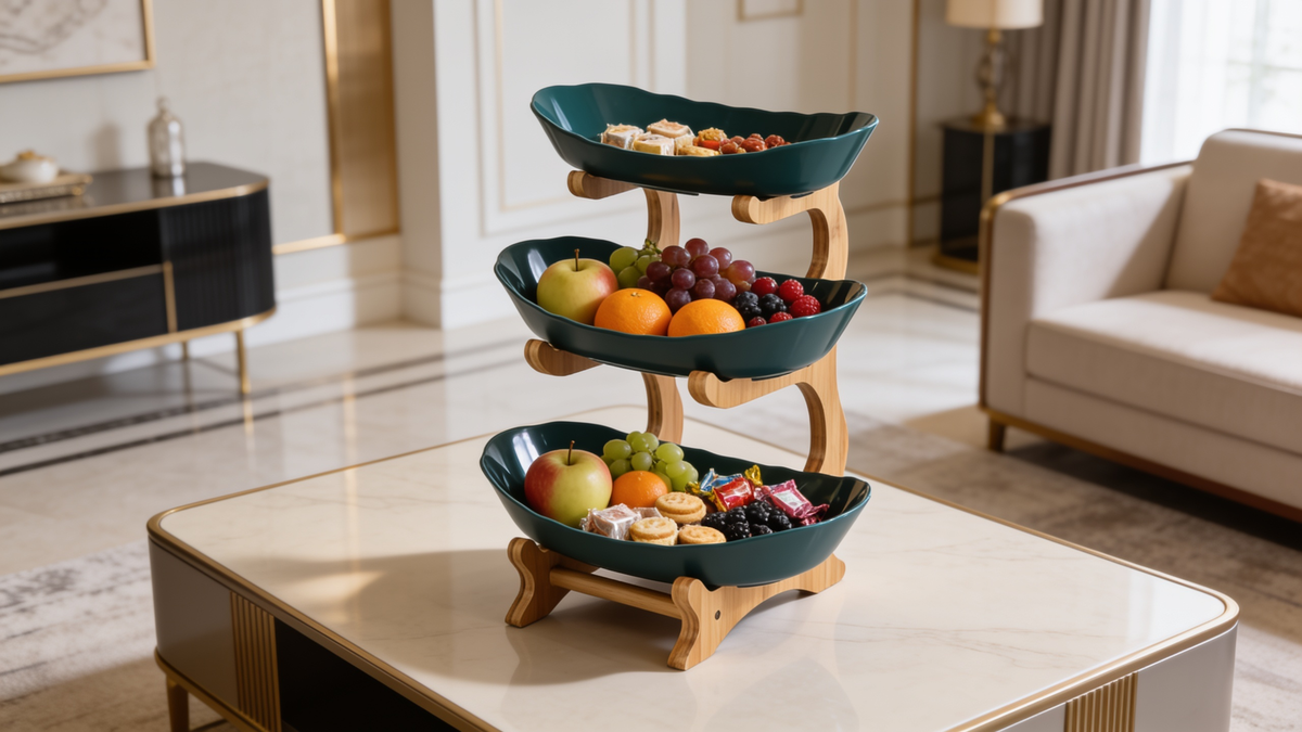 Three tier serving stand with green plates holding fruit and cookies