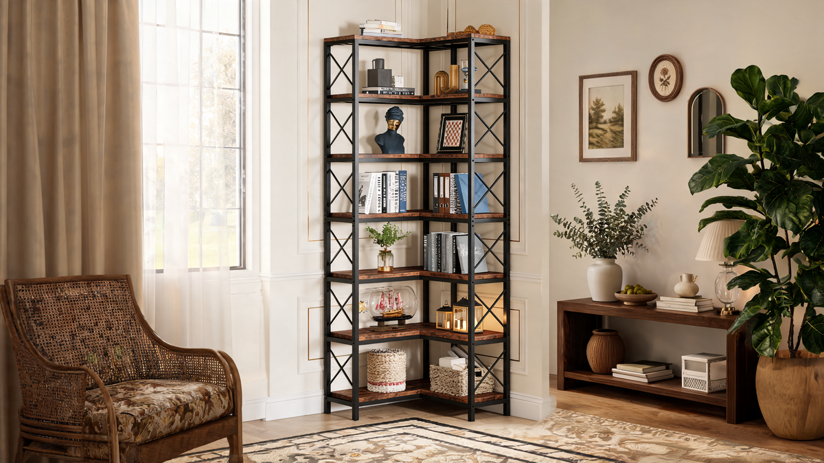 Wood and metal corner bookshelf styled with books, lanterns and baskets in a cream panelled living room corner