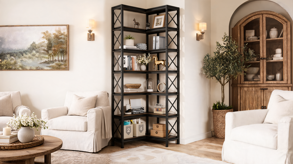 Corner bookshelf in a bright living room holding books, ceramics, framed art and storage bins at the base