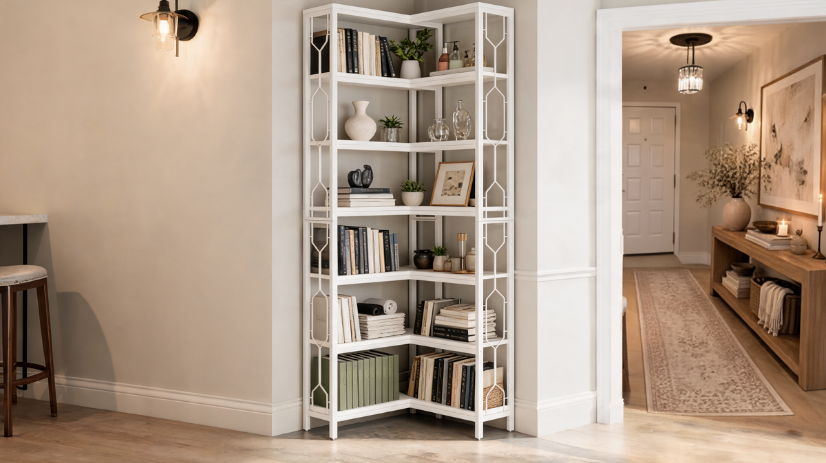 White corner bookshelf in a bright hallway corner styled with books, ceramics and a small plant