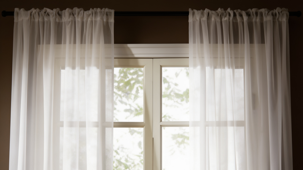 Sheer white tulle curtain panels at tall glazed doors with green foliage reading softly through the weave