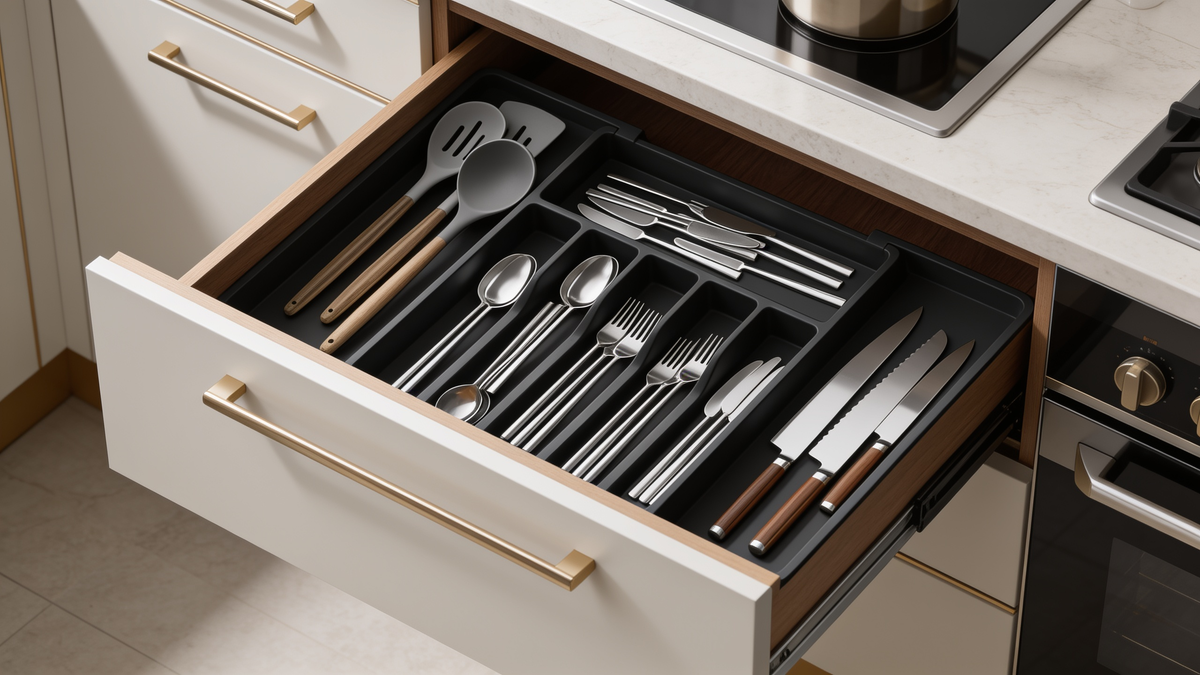 Black adjustable silverware drawer organizer holding forks, spoons and knives in a kitchen drawer