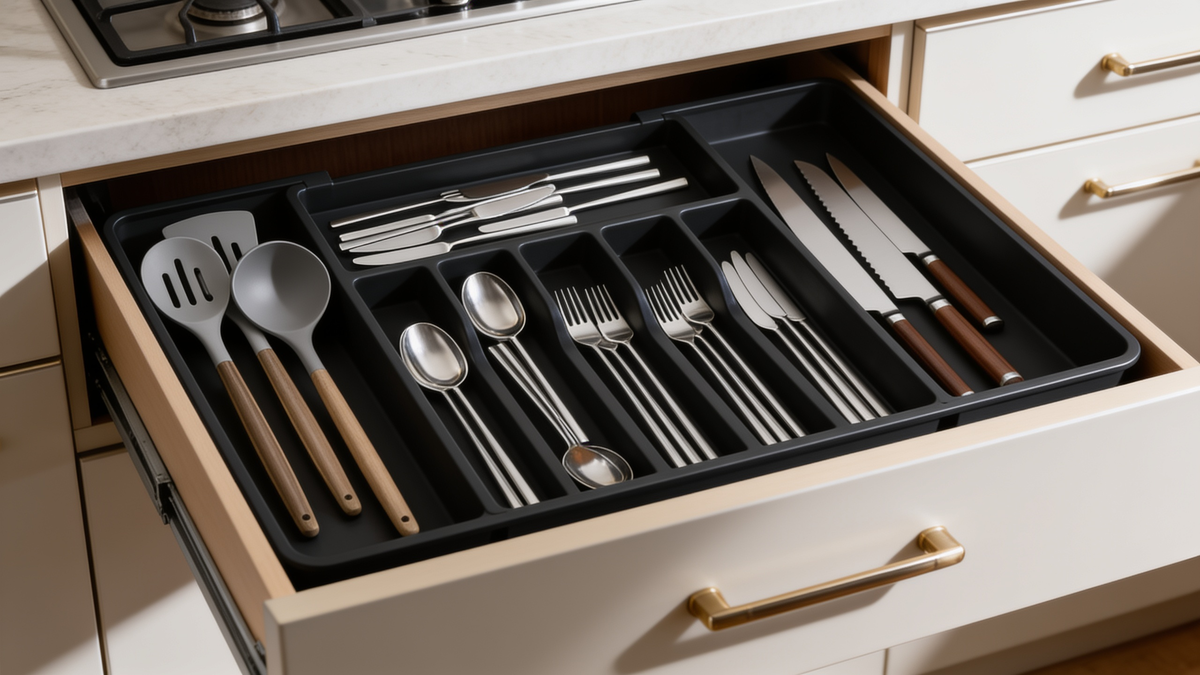 Adjustable plastic utensil tray sorting flatware inside an open kitchen drawer