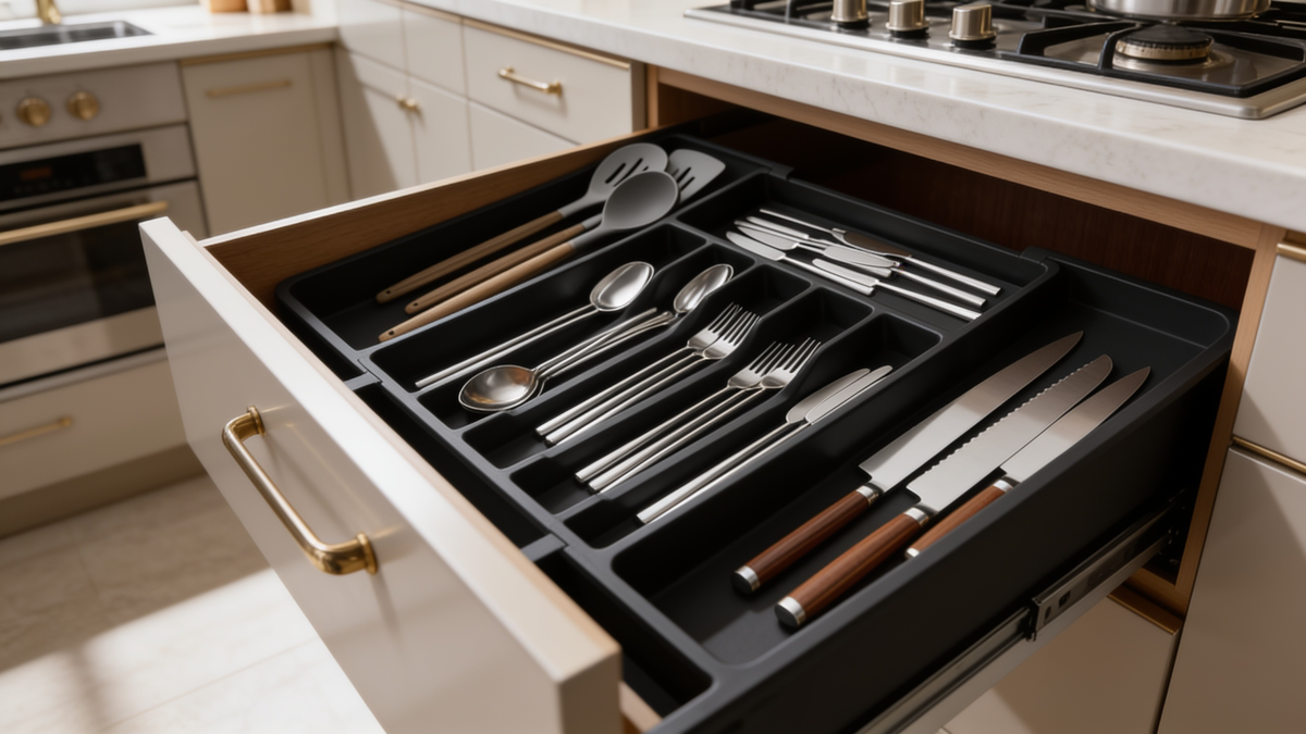 Expandable black drawer organizer with divided compartments for silverware and kitchen tools