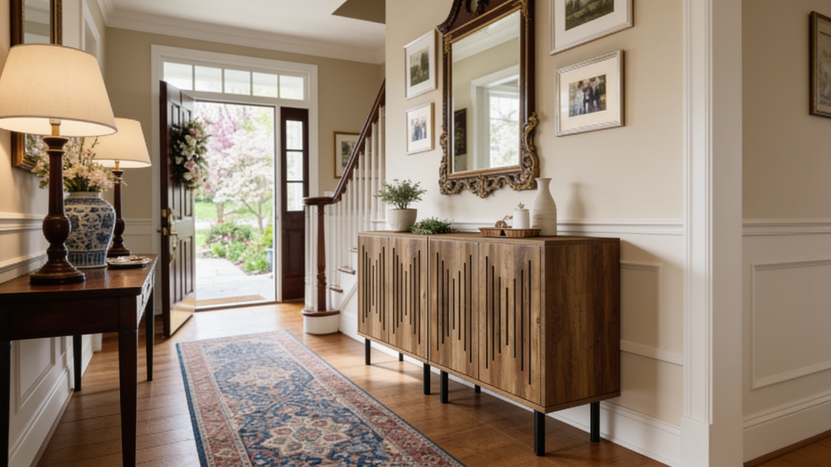 Slatted door sideboard set of two cabinets spanning 150 cm in an entry hall, four slatted doors on black metal legs