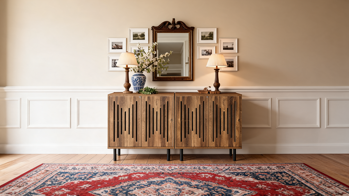 Front view of the slatted door sideboard showing four push to open slatted doors across two cabinets