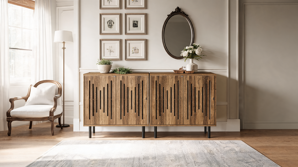 Slatted door sideboard raised on black metal legs with clear floor visible beneath