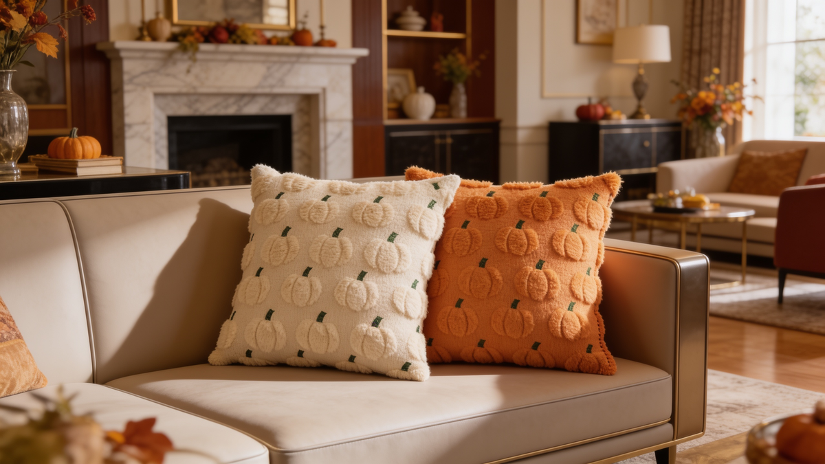 Solid woven jacquard fall pillow cover sitting between patterned cushions on a couch