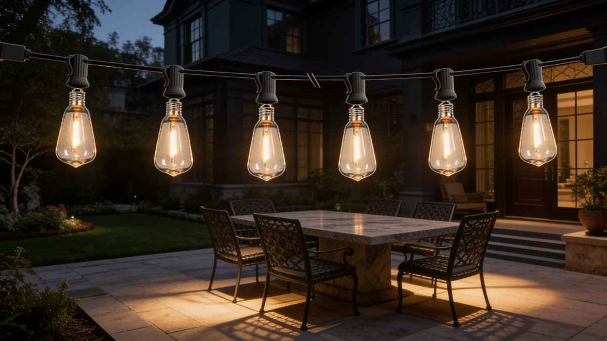 Warm ST38 string lights over an outdoor dining table at dusk
