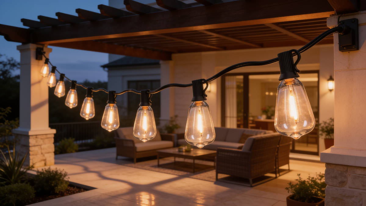 ST38 string lights strung under a pergola