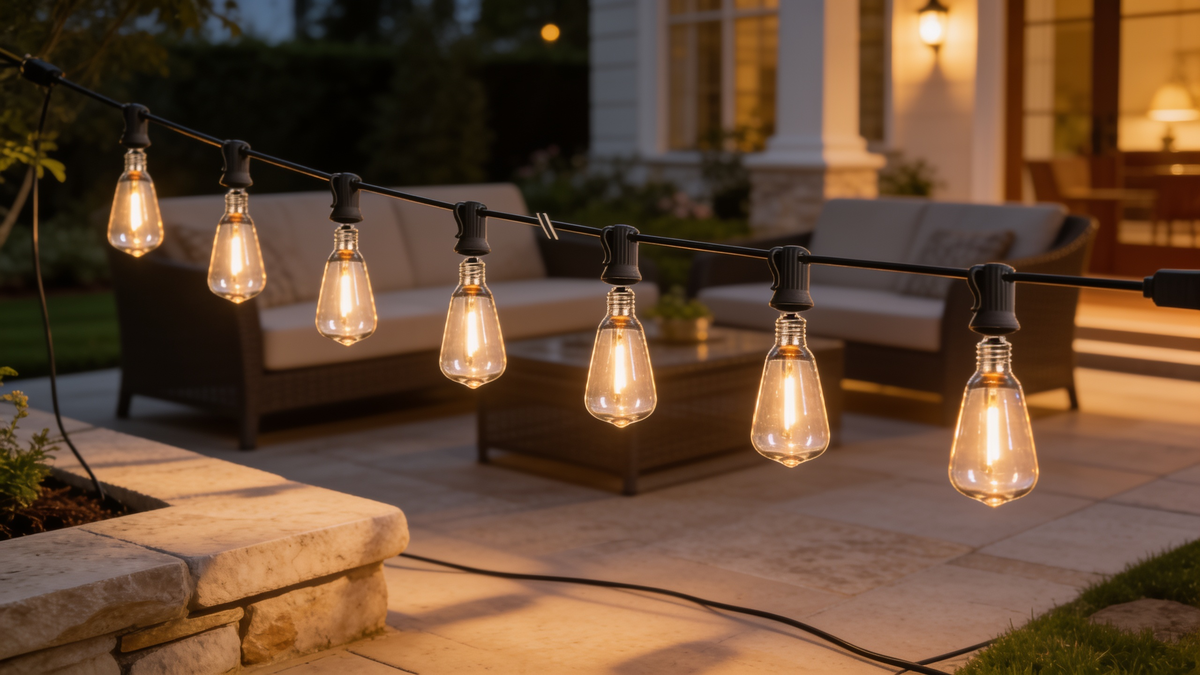 ST38 string lights over an outdoor lounge seating area
