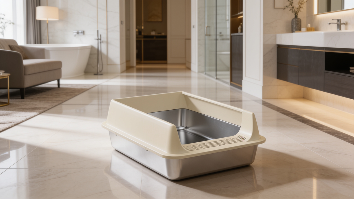 Stainless steel cat litter box with a semi enclosed splash shield