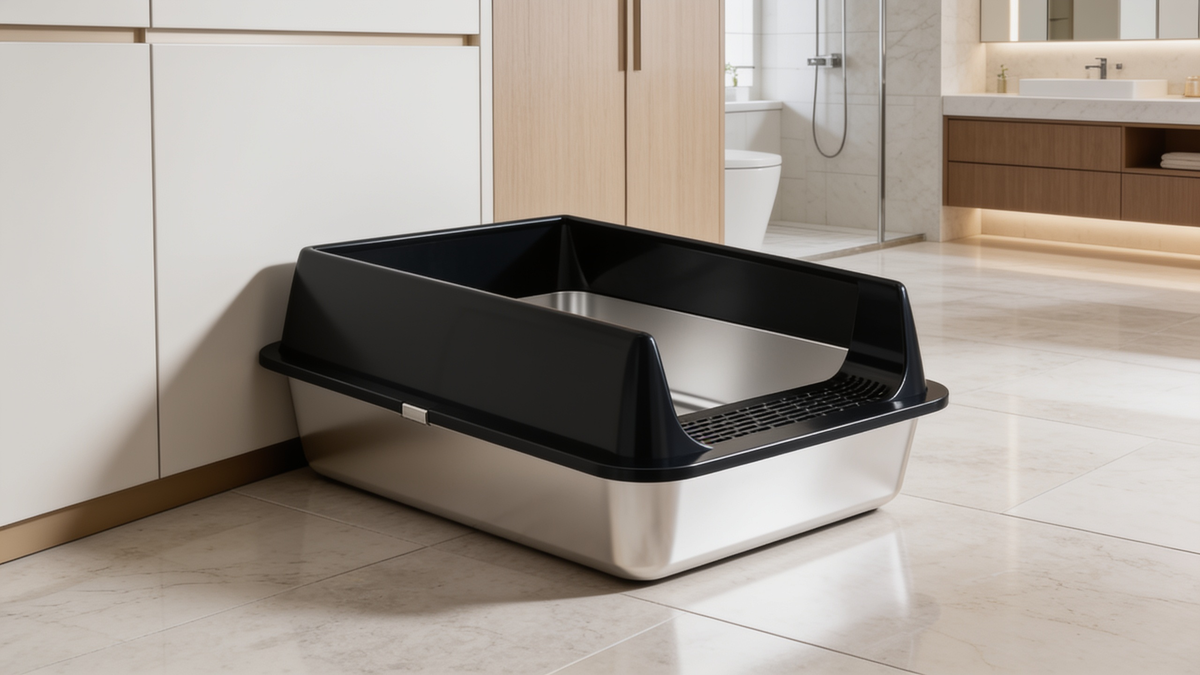 Cat stepping into the low front entry of the stainless steel litter box