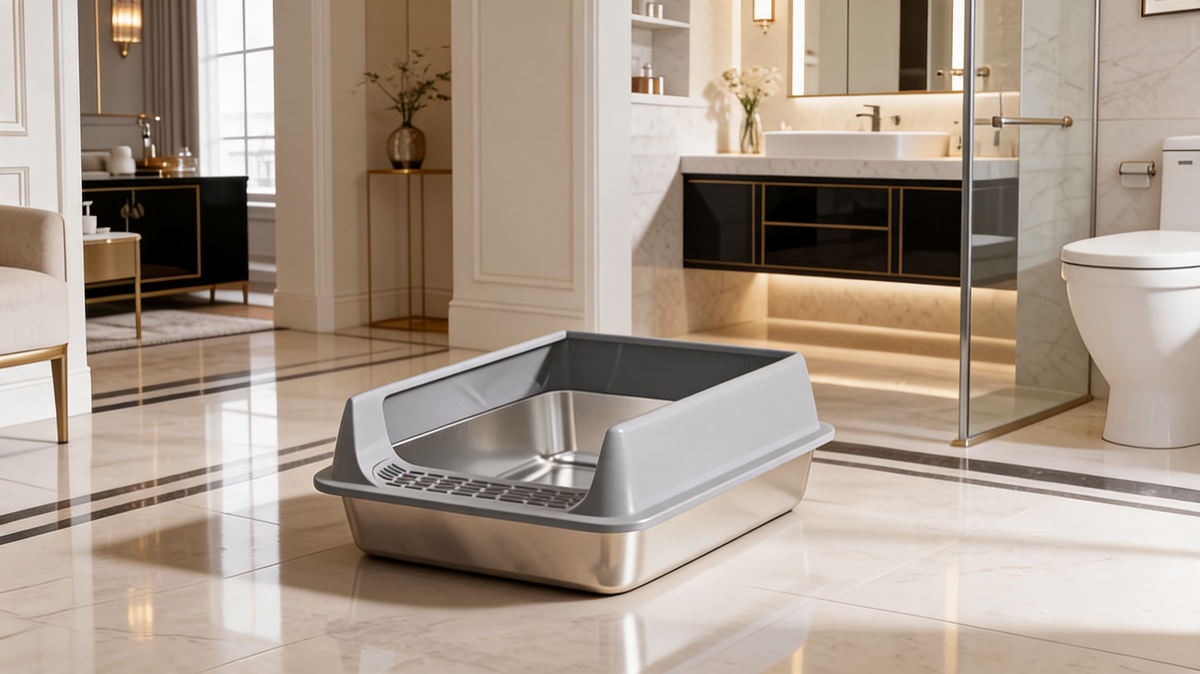 Large high sided stainless steel litter box for big cats