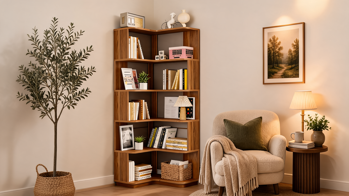 Stepped corner bookshelf running two feet along each wall in a living room corner