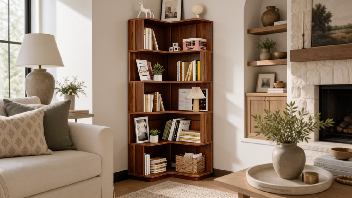 Stepped corner bookshelf styled in a living room
