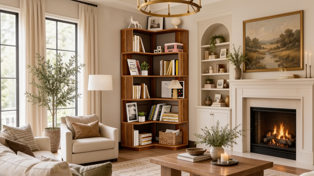 Stepped corner bookshelf with books and decor