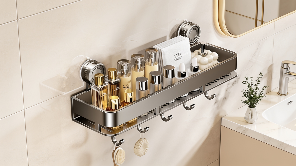 Suction cup shower caddy mounted on a tiled shower wall with no drilling