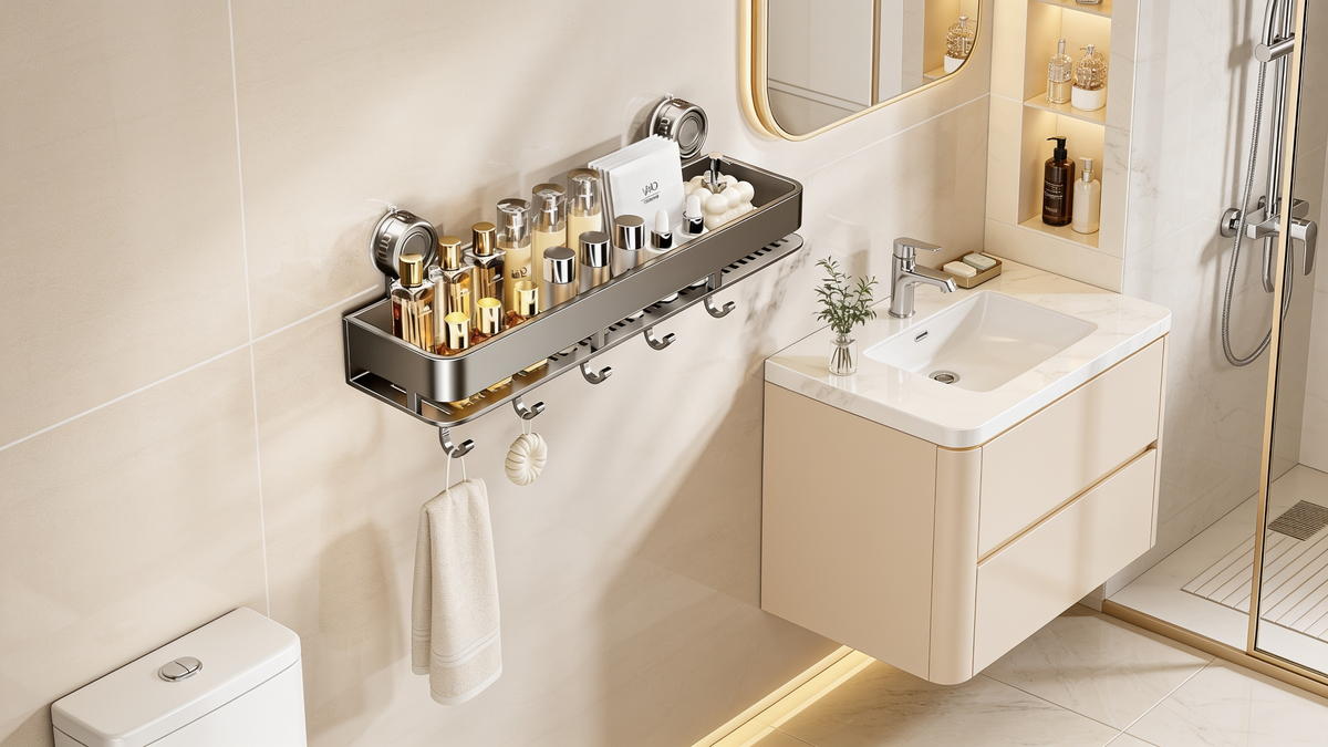 Hook rail and towel pole versions of the suction cup bathroom rack