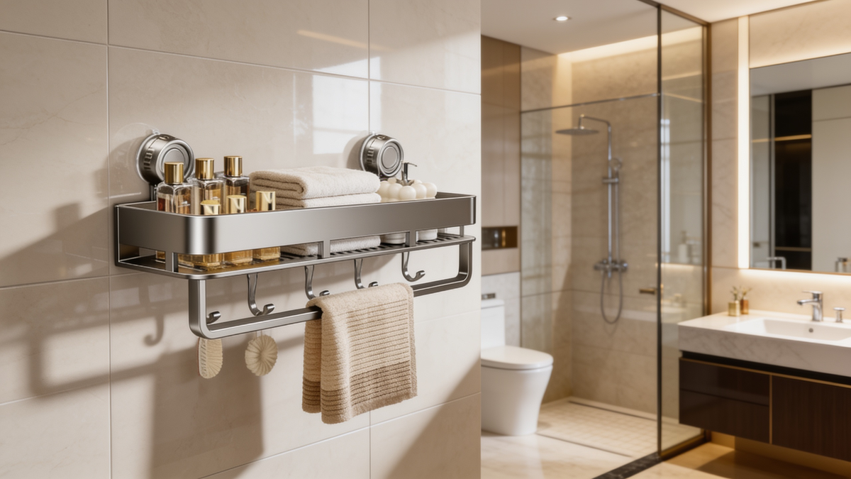 Aluminum alloy suction cup rack holding a towel in a steamy bathroom