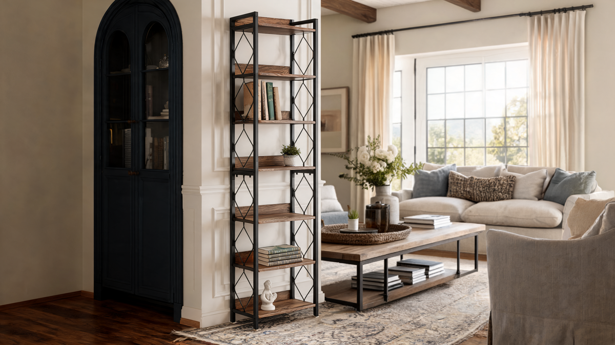 Tall narrow seven tier bookshelf with diamond side panels standing against a paneled wall in a bright living room beside a dark cabinet