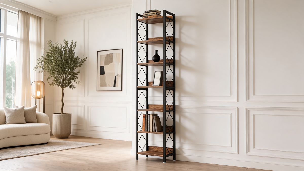Slim seven tier bookshelf in rustic brown on a black frame against a plain paneled wall beside an olive tree in a pot