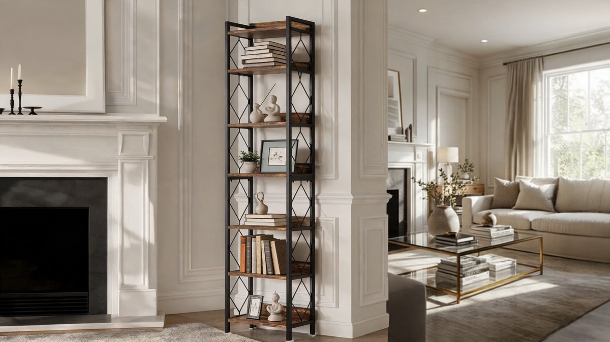 Seven tier narrow bookcase with diamond side panels in a classic living room beside a white fireplace
