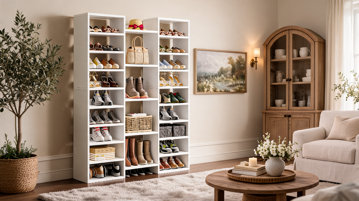 White three column shoe rack filled with sneakers heels and boots in a sunlit hallway corner