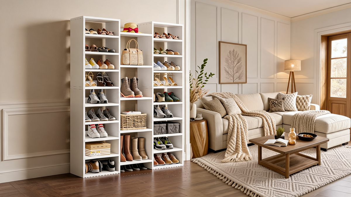 White shoe rack stocked with shoes and boots against the wall of an open plan living room