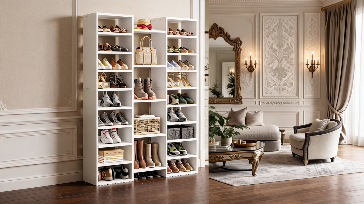 White shoe rack full of shoes and boots in a classical living room with a gilt mirror and sconces