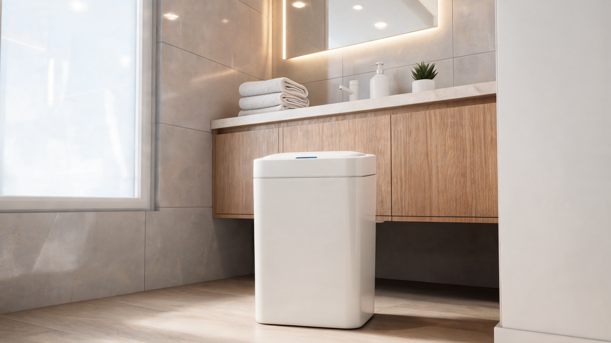 White touchless sensor trash can opening automatically in a bathroom
