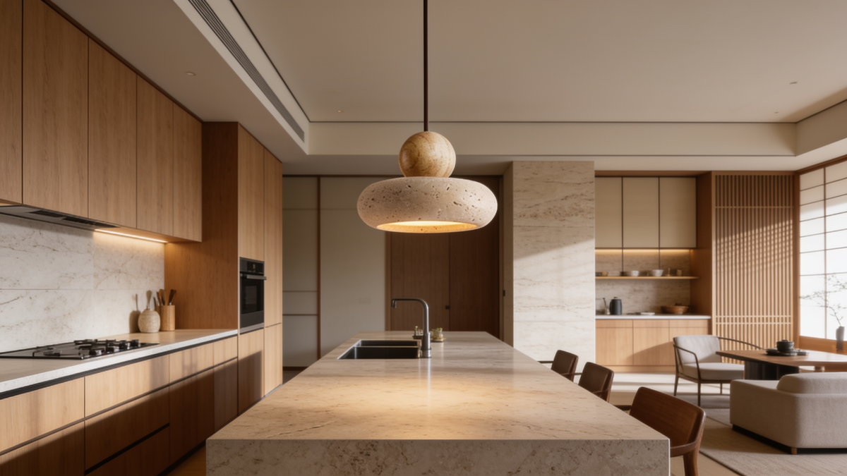 Two travertine stone pendants above a wooden island in an open kitchen