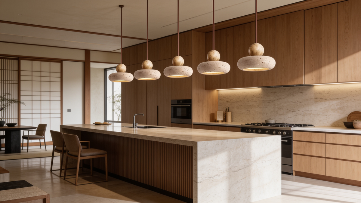 Four travertine stone pendants in a row above a counter in a wood paneled room