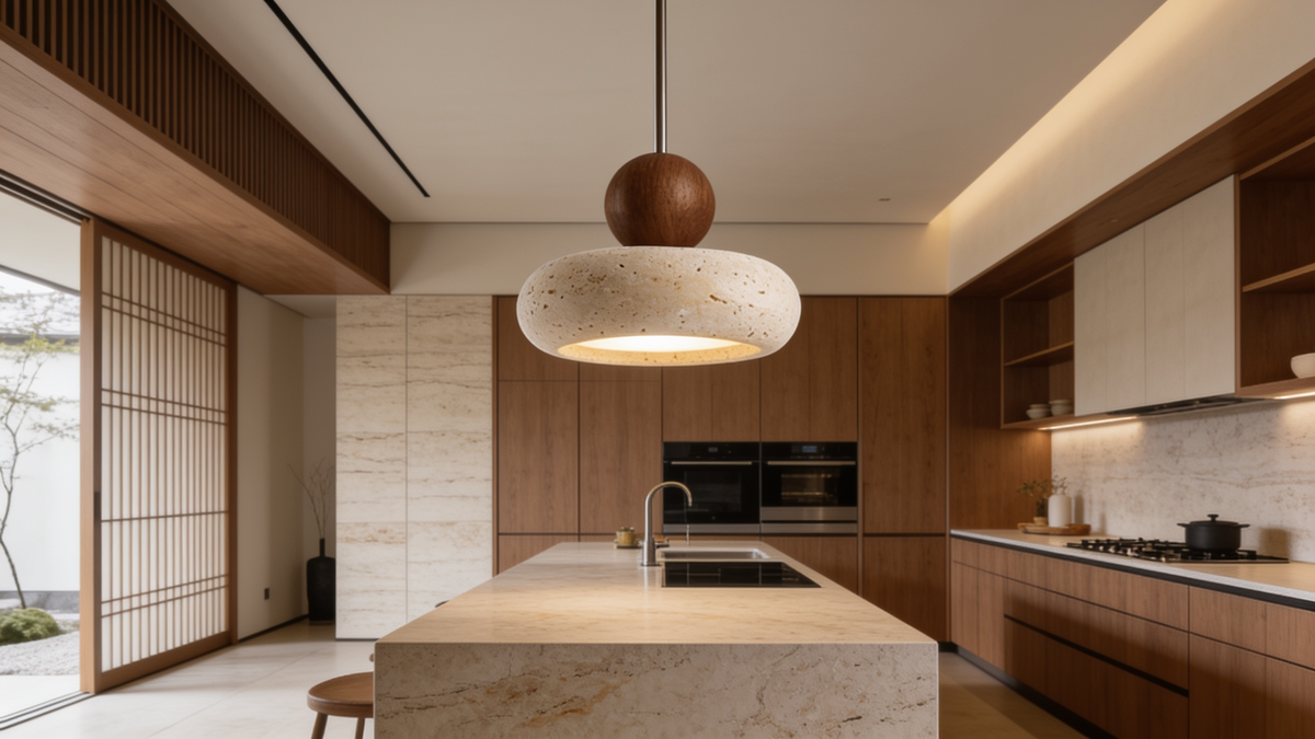 Single travertine stone pendant over a wide stone island in a walnut kitchen