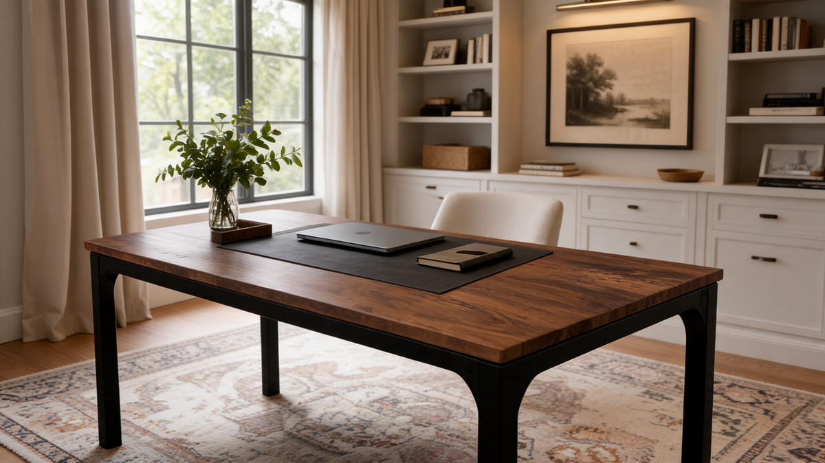 Two person computer desk with walnut slab top on a black frame, laptop and notebook on a desk mat in a home office