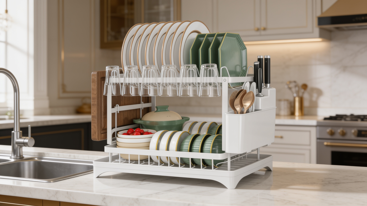 White two tier dish rack beside a kitchen sink
