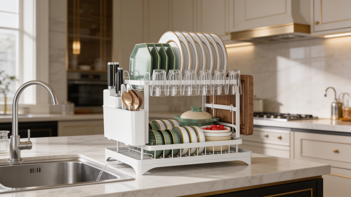 White two tier dish rack loaded with plates and glasses