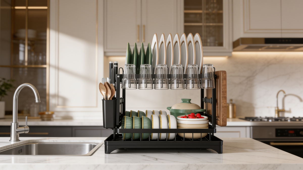 Black two tier dish rack on a kitchen counter