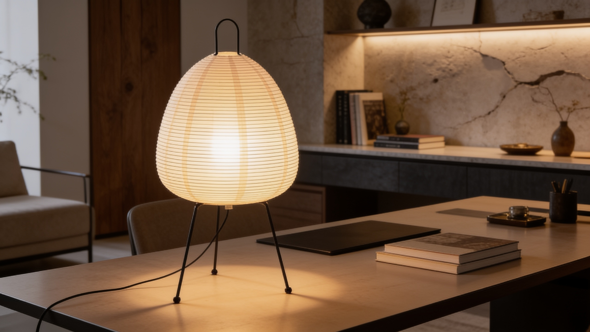 Wabi sabi rice paper table lamp glowing on a bedside table