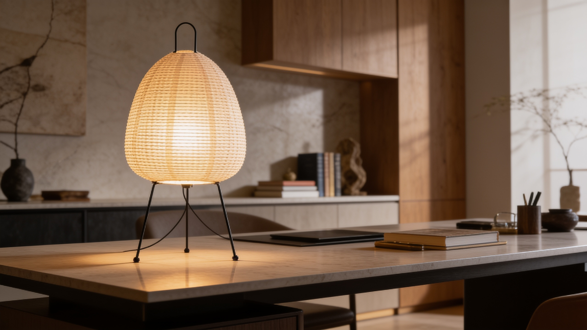 White paper shade lamp with a black metal frame in a living room