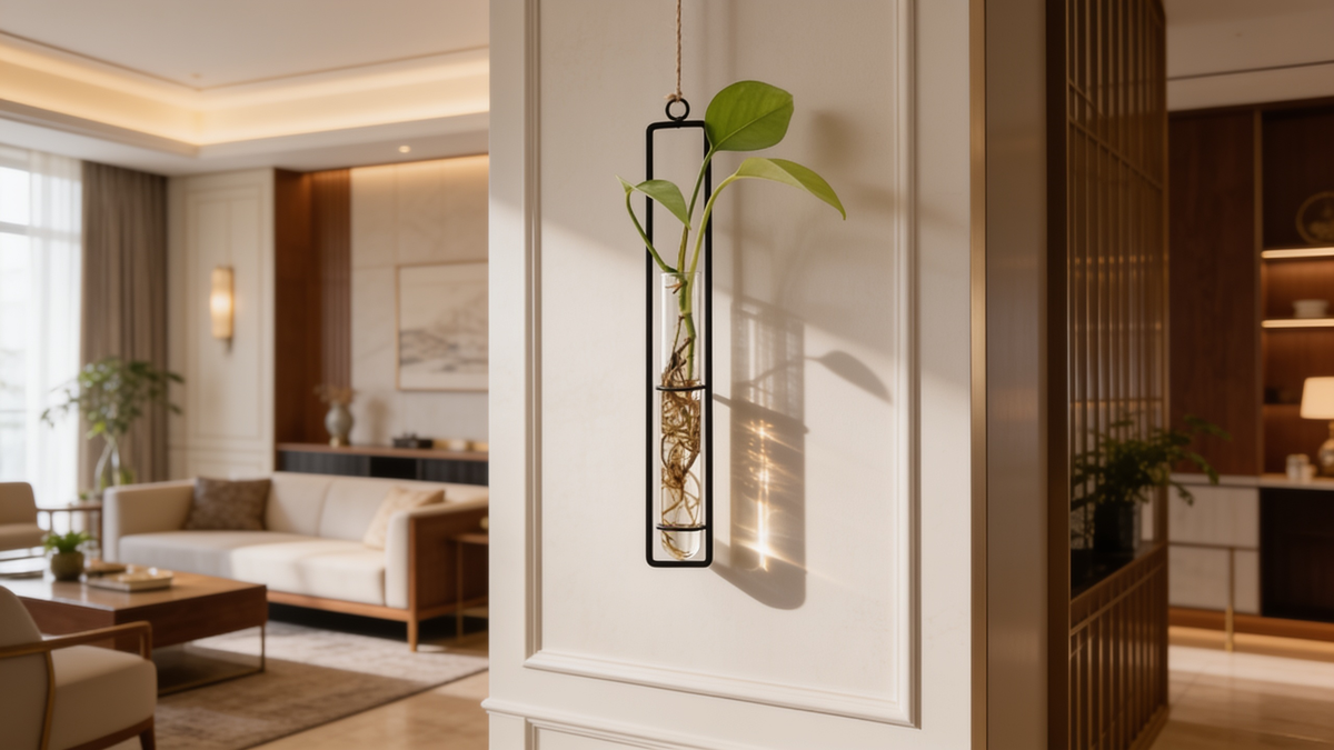 Black framed wall hanging propagation vase with a rooting cutting, hung flat on a pale wall