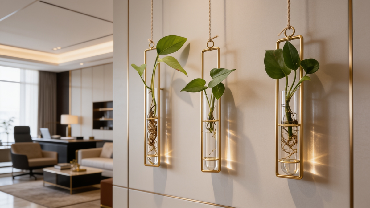 Three gold framed wall hanging propagation vases in a row beside a desk