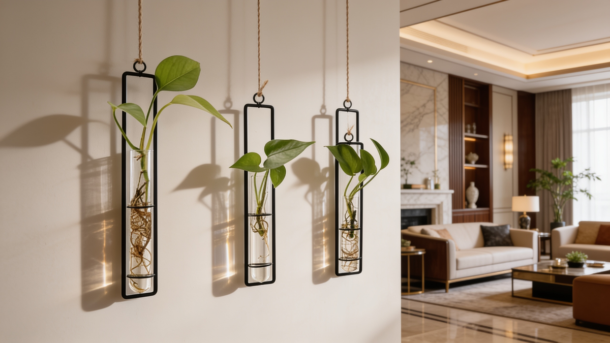 Three black framed wall vases with pothos cuttings rooting in water on a living room wall