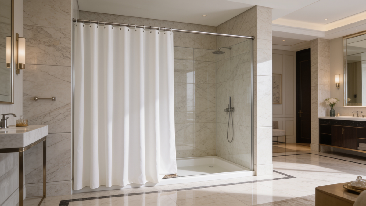 White waterproof polyester shower curtain hanging beside a bathtub
