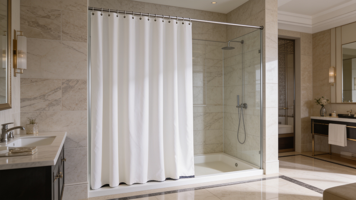 Solid white shower curtain in a bright modern bathroom