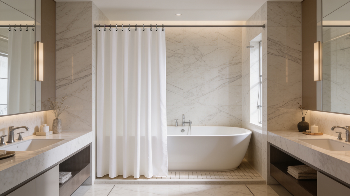 Weighted hem of a white bath curtain hanging flat against a tub