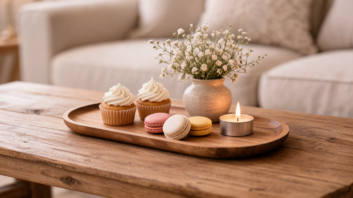 Solid wood serving tray on a kitchen counter