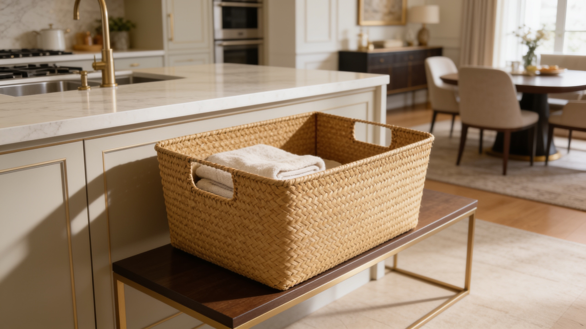 Woven wicker storage basket holding folded towels on a kitchen bench
